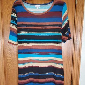 LuLaRoe striped JULIA dress, Brown, tan and blue, Size Large
